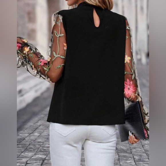Luxe black floral embroidered mesh sleeve blouse - Picture 3 of 10